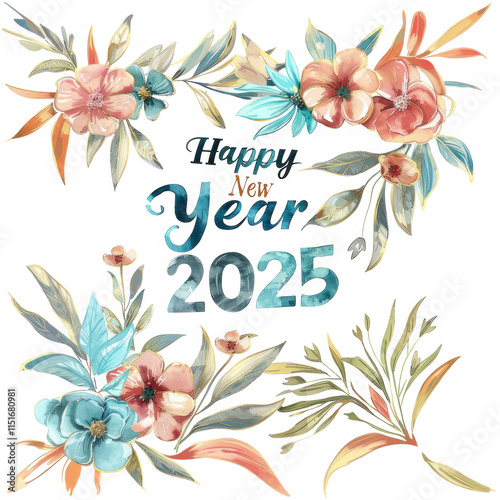 Fototapeta Naklejka Na Ścianę i Meble -  A stylized floral design featuring watercolor flowers and leaves surrounds the text Happy New Year 2025.