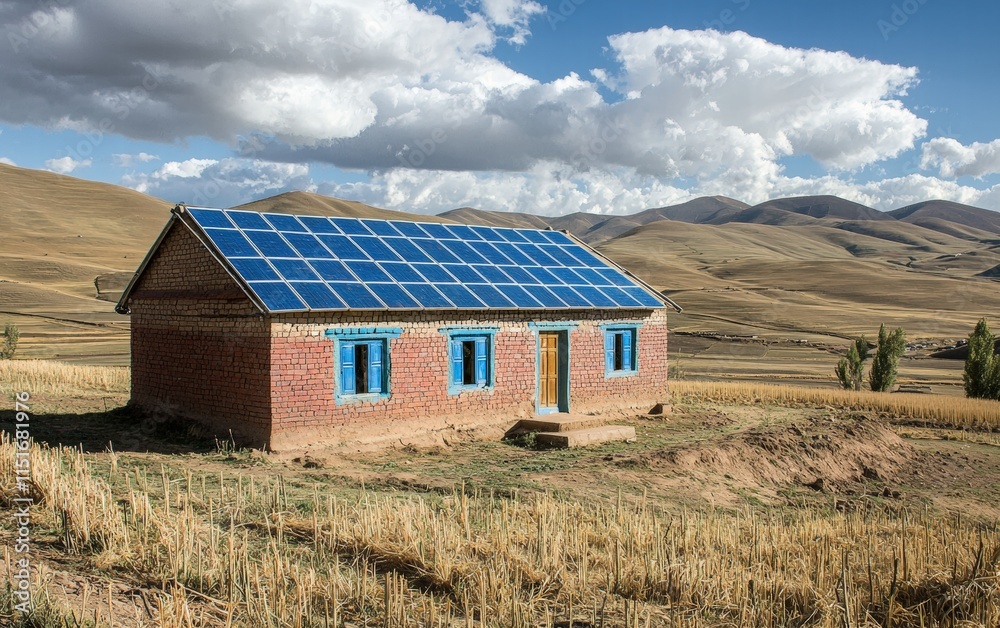 A small rural school powered by solar panels installed on its roof A small rural school powered by solar panels installed on its roof