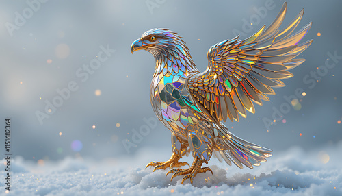 Metallic Eagle Majestic Pose Iridescent Wings Snow Background photo