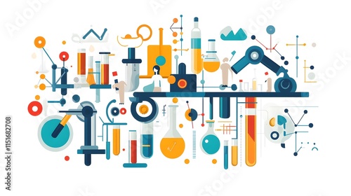 Flat illustration of a research team working in a laboratory, in a vector style with a blue and white color palette