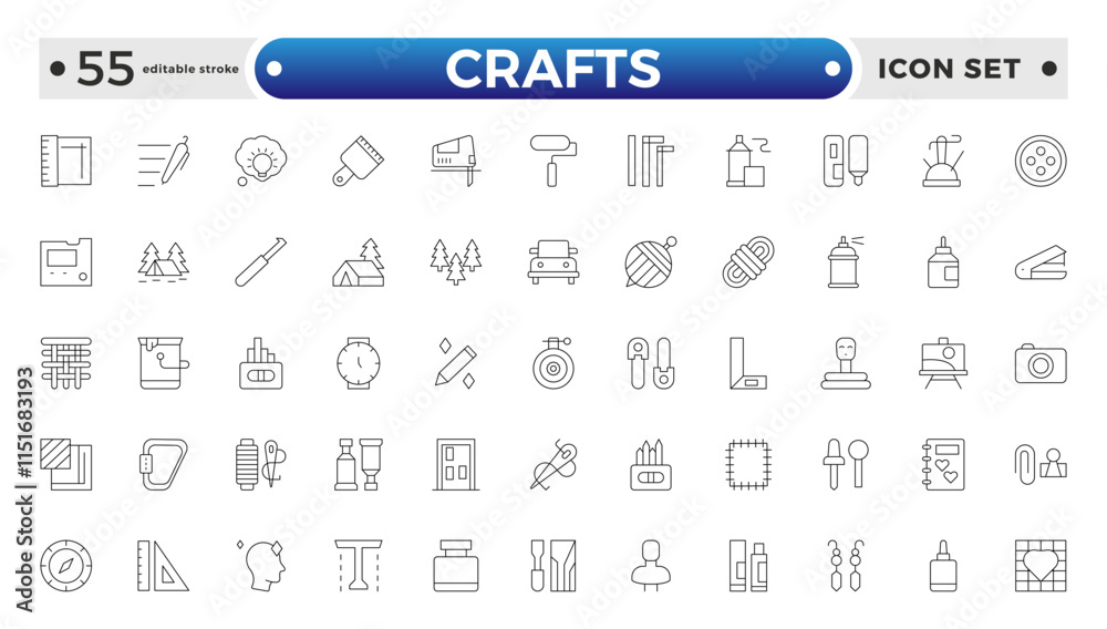1130 Set of Crafts outline icons related to carpentry. Pencil, pen, brush, bucket paint, palette knife, roller, palette, marker and more. Editable stroke outline icon.
1130 Set of Crafts outline icons related to carpentry. Pencil, pen, brush, bucket paint, palette knife, roller, palette, marker and more. Editable stroke outline icon.
