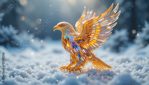Golden Eagle Sculpture Winter Scene Colorful Wings Snow Background