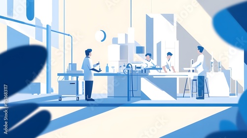 Flat illustration of a research team working in a laboratory, in a vector style with a blue and white color palette