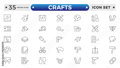 1130 Set of Crafts outline icons related to carpentry. Pencil, pen, brush, bucket paint, palette knife, roller, palette, marker and more. Editable stroke outline icon.
