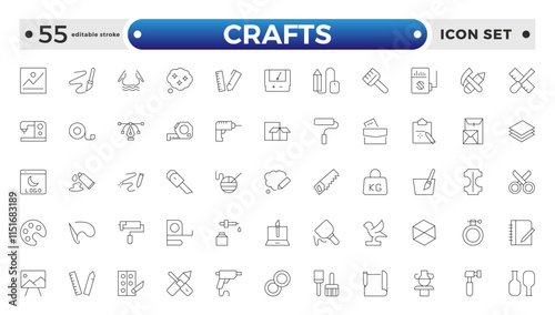 1130 Set of Crafts outline icons related to carpentry. Pencil, pen, brush, bucket paint, palette knife, roller, palette, marker and more. Editable stroke outline icon.
