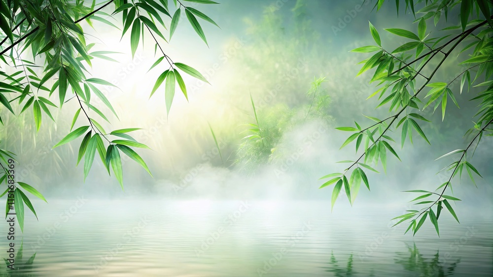 Obraz premium Serene Morning Mist Over Calm Water, Framed by Lush Green Bamboo Branches