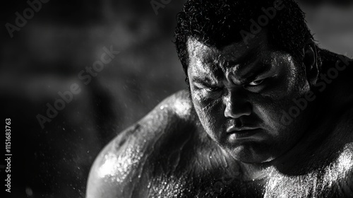 Intense Sumo Wrestler in Black and White Portrait. Black and white close-up of a sumo wrestler with a determined expression, highlighting strength, tradition, and focus photo