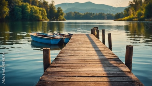 Boat in lake near wooden pier cartoon background. Dock and river landscape for fishing scene
