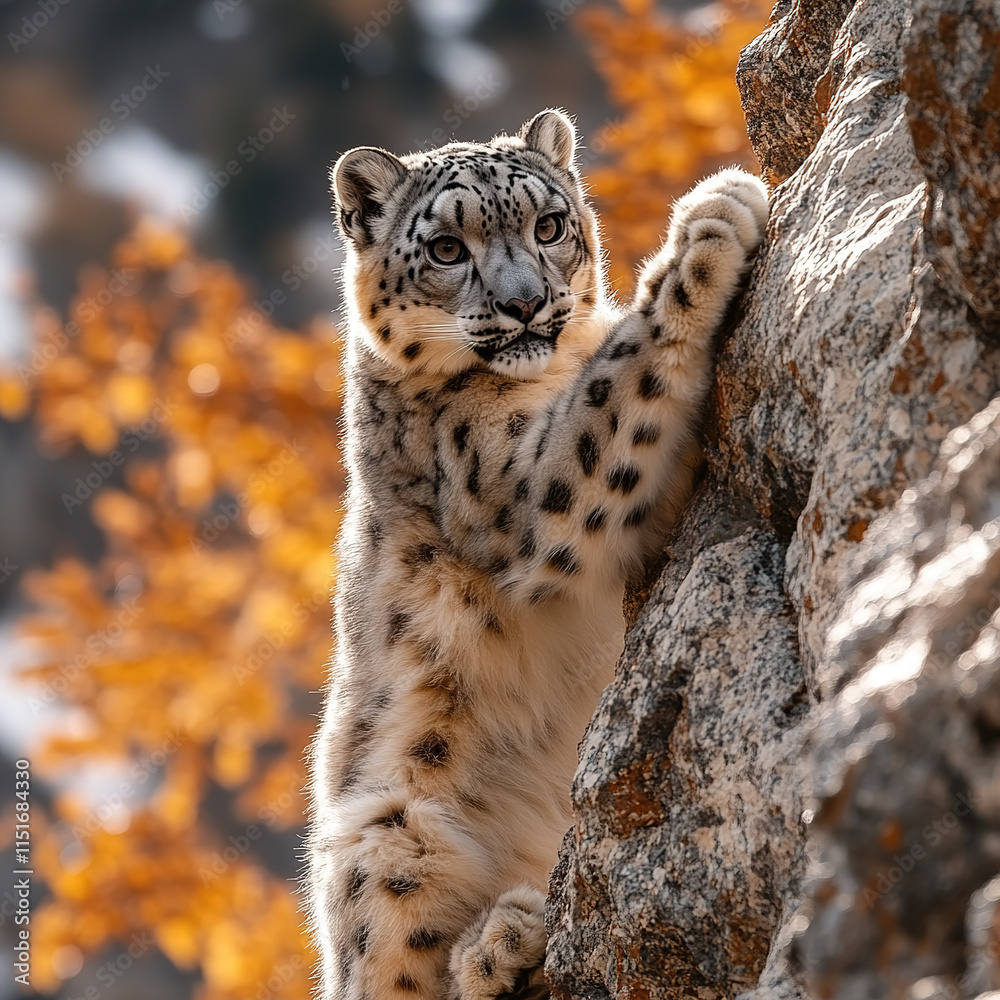 Obraz premium A snow leopard climbing rocky terrain in a high-altitude environment