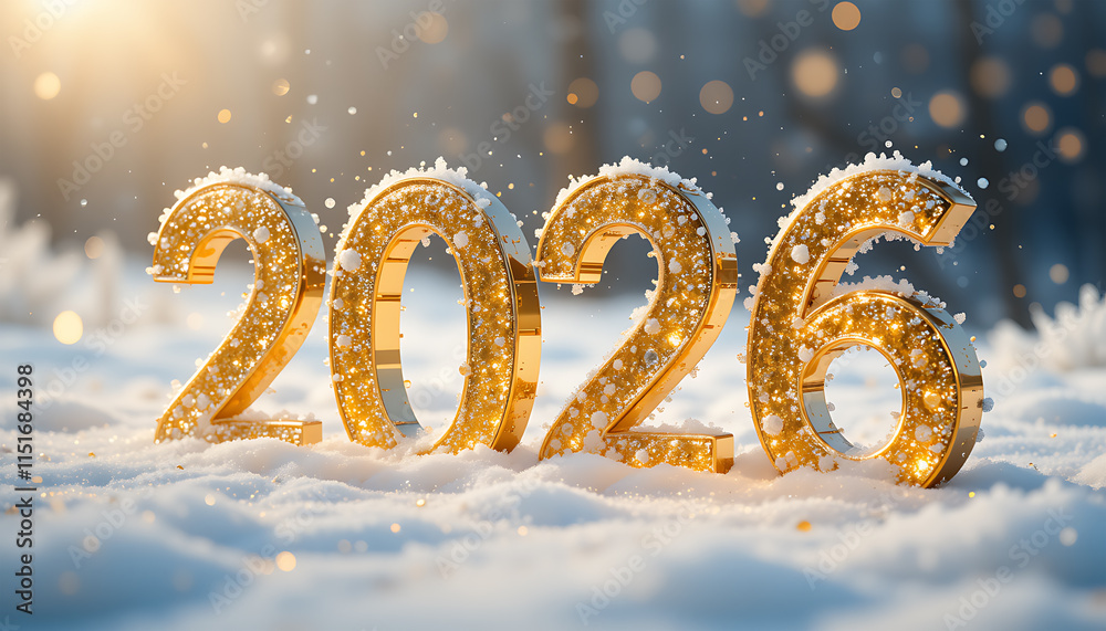 Glittering Gold 2026 New Year Snow Scene Glittering Gold 2026 New Year Snow Scene