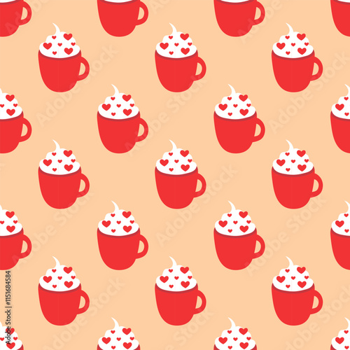 Seamless Pattern. Red Valentine Day cup with whipped cream and hearts sprinkles. Vector flat illustration.