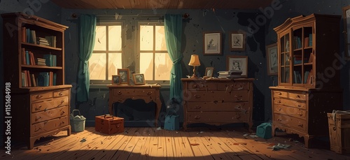 cartoon illustration of Abandoned old mysterious home room or storage space with dusty wooden bookshelves