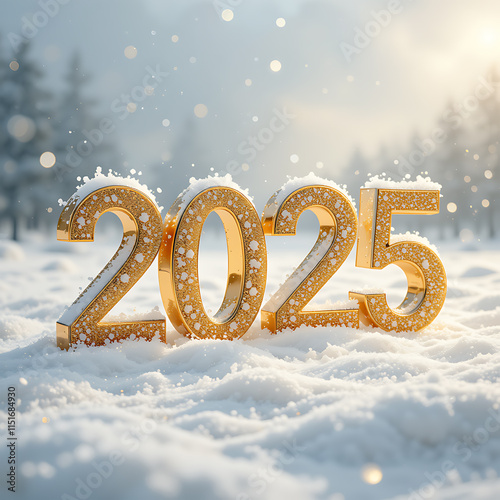 Golden 2025 Numbers Snowy Winter Wonderland Scene photo