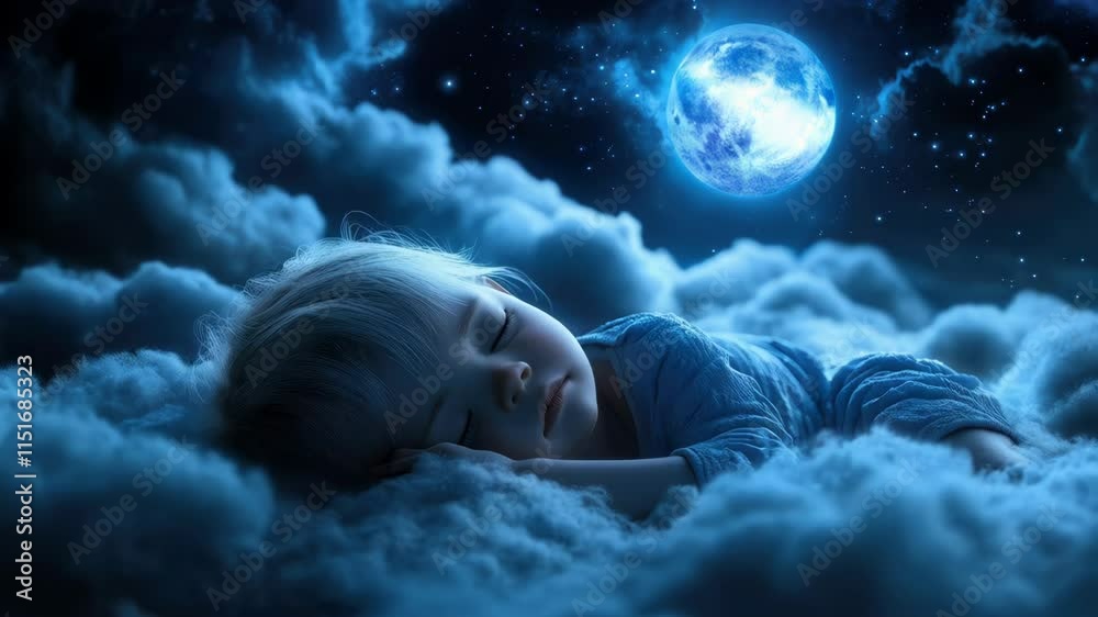 Cute baby girl sleeping in the clouds, star and moon eclipse in the background. Blue color and soft lighting.The concept of sleep and dreaming.