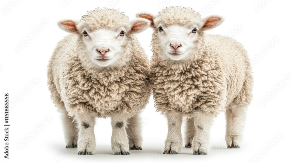 Two adorable lambs standing together on a white background. Two adorable lambs standing together on a white background.
