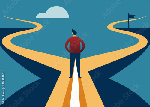A person standing at a fork in the road, pondering which path to take, with two contrasting routes ahead.