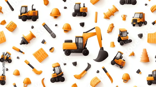 Seamless pattern featuring construction equipment icons, including diggers and safety gear, against a white background. Ideal for industrial themed designs and projects. photo