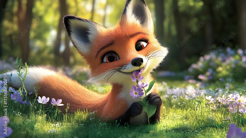 Obraz premium Adorable Watercolor Style Fox Surrounded by Flowers in Forest