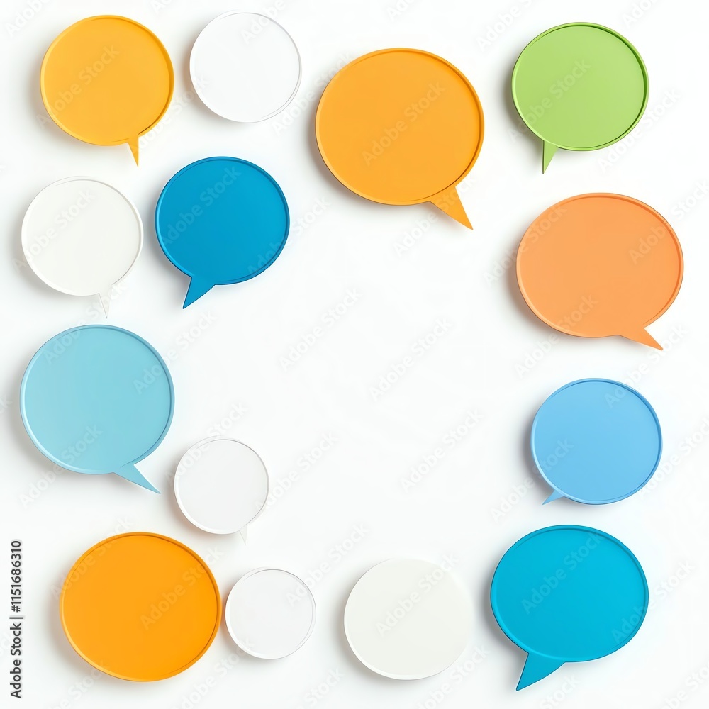 Colorful speech bubbles arranged in a circle on a white background. Ideal for communication, brainstorming, or creative discussions. Colorful speech bubbles arranged in a circle on a white background. Ideal for communication, brainstorming, or creative discussions.