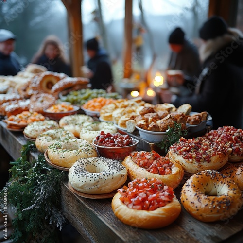 Bagels shared during a vibrant family gathering with various toppings. photo