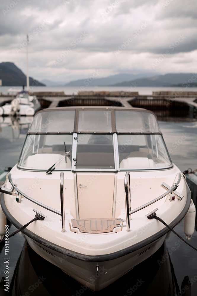 Fototapeta premium Motorboat Docked at Marina on Cloudy Day