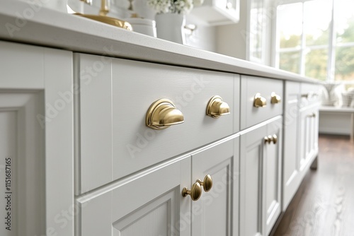 Close-up of white kitchen cabinets with gold cup pulls. Illustrates elegant kitchen design and hardware choices.
