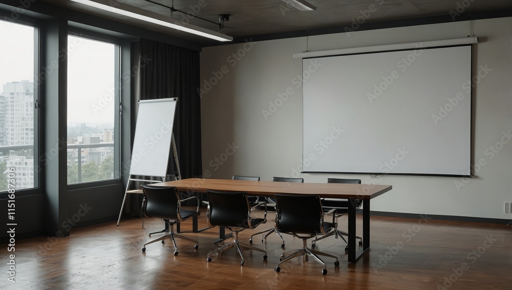 Interior of office with empty white projector screen and meeting table Interior of office with empty white projector screen and meeting table