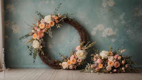 Wedding backdrop, photography background with a flower hoop with beautiful flowers on vintage wall