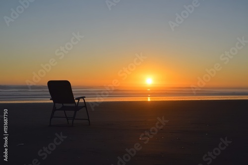 Tranquil Beach Sunset with Empty Chair Silhouette at Golden Hour