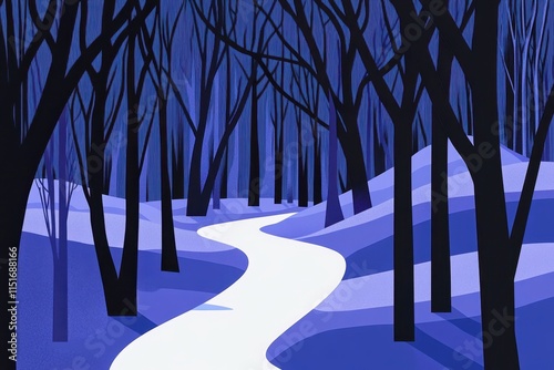 Serene Winter Forest Path with Blue Tones and Snowy Landscape