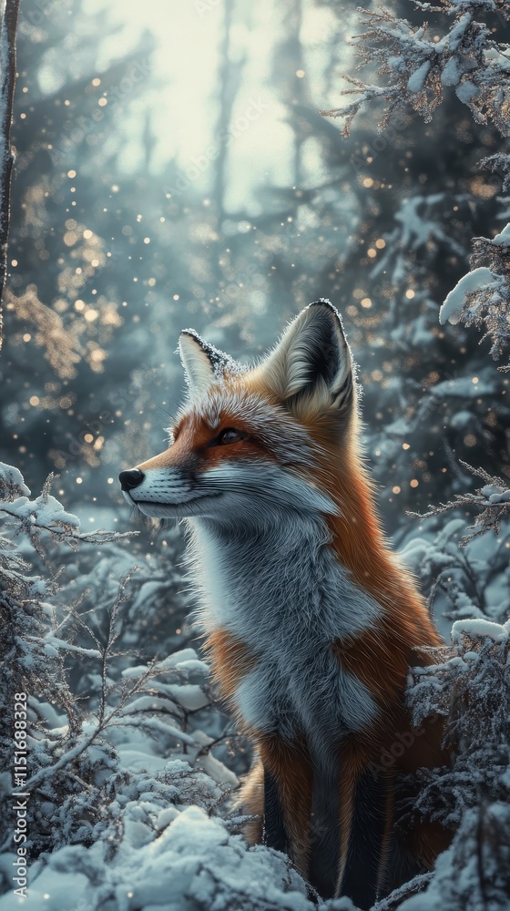 Obraz premium Regal red fox in a snowy forest illuminated by golden light and surrounded by frost-covered branches