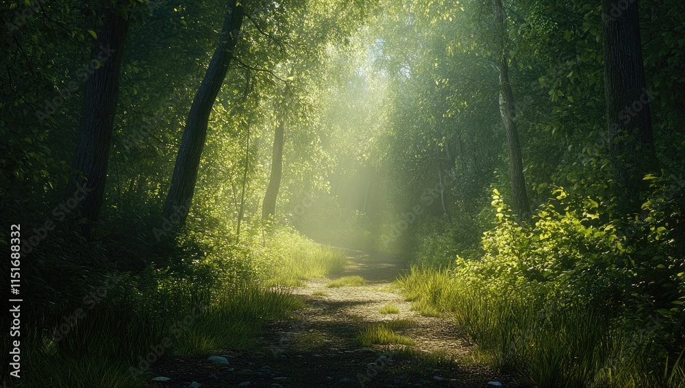 Obraz premium A scenic winding road through a lush forest illuminated by the warm glow of the setting sun in a tranquil outdoor setting.