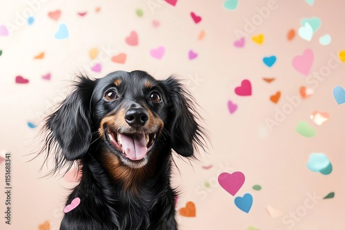 Joyful dachshund with long ears, smiling amidst colorful heart-shaped confetti on a soft peach background. Perfect for themes of love, pets, and celebration. photo