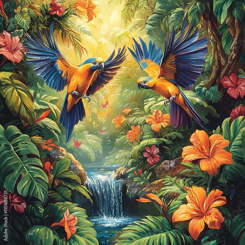 A tropical rainforest scene with vibrant plants and exotic birds in flight photo