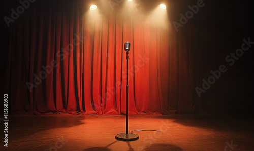 Empty Stand up Comedy Stage Awaiting Performers in a Dimly Lit Venue at Night photo