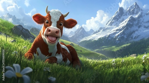 A smiling cow lying in a lush green pasture, chewing cud with a serene mountain backdrop