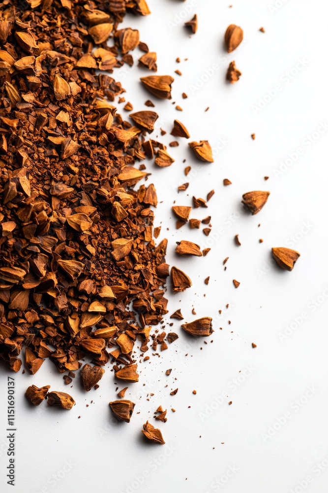 Ground cloves scattered on white surface, showcasing rich brown color and texture Ground cloves scattered on white surface, showcasing rich brown color and texture