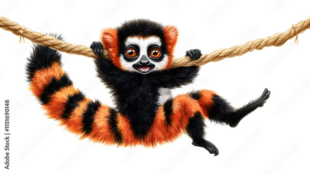 Obraz premium Adorable Watercolor Style Lemur Hanging on Rope with Cheerful Expression