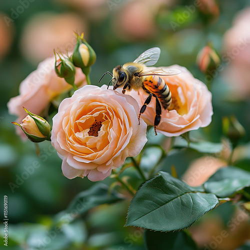 A vibrant summer garden filled with blooming roses and buzzing bees photo