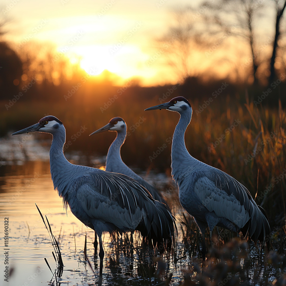 Obraz premium A wetland area with cranes standing among the reeds