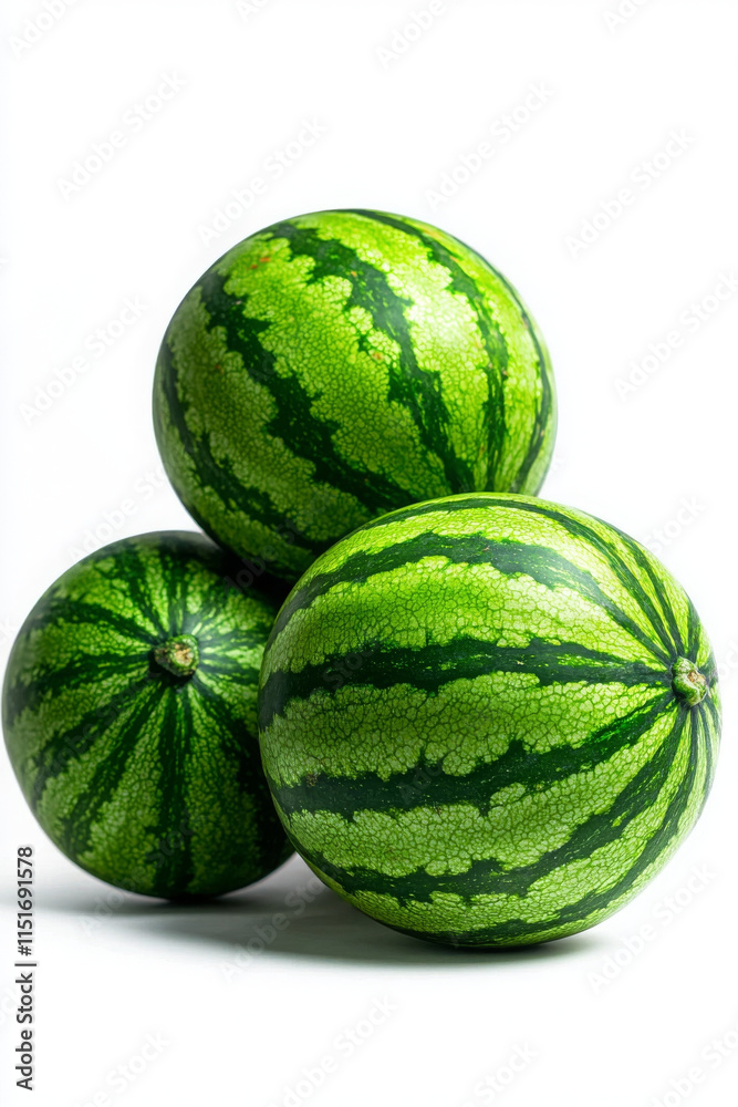 Fresh watermelons stacked on white background, showcasing vibrant colors Fresh watermelons stacked on white background, showcasing vibrant colors