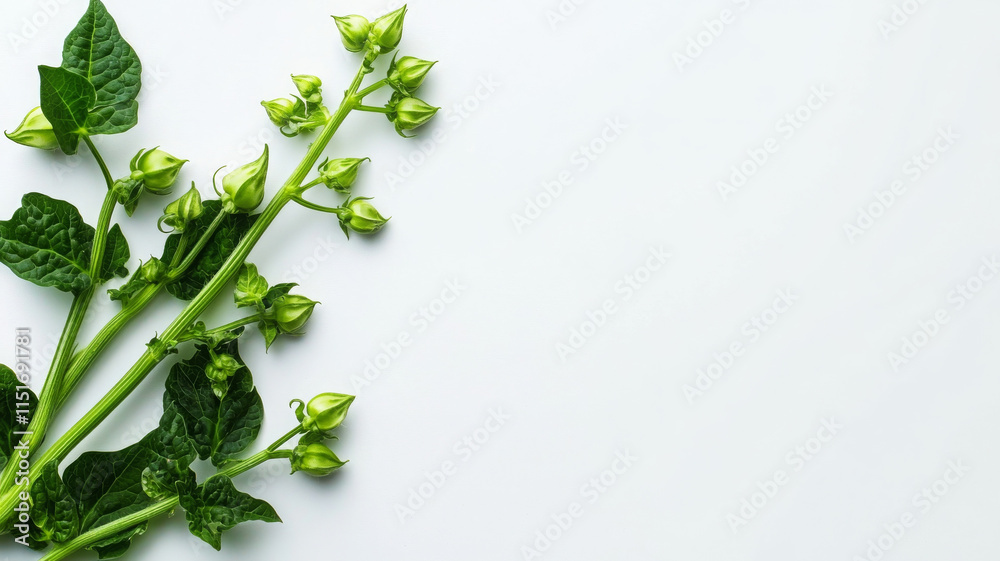 Fresh green plant with buds on light background, perfect for nature themes Fresh green plant with buds on light background, perfect for nature themes