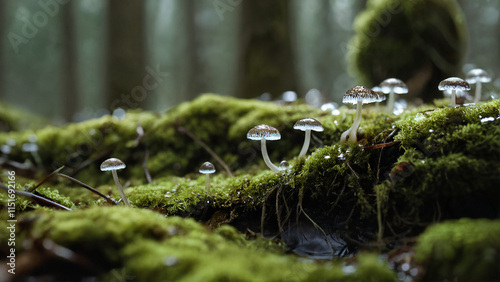 Mushrooms growing peacefully on mossy ground in a tranquil forest 
