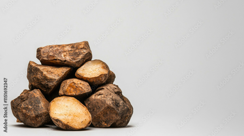 Fresh potatoes stacked on white background, showcasing their earthy texture and color Fresh potatoes stacked on white background, showcasing their earthy texture and color