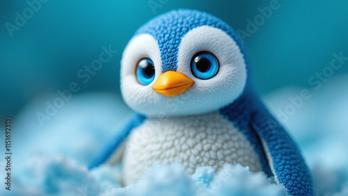 Cute blue penguin plush toy with a cheerful expression against a soft blue background.