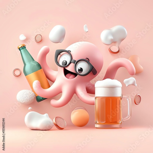 A playful cartoon octopus with eyeglasses joyfully holds a bottle and a frothy beer mug surrounded by foam and bubbles on a pastel background. photo