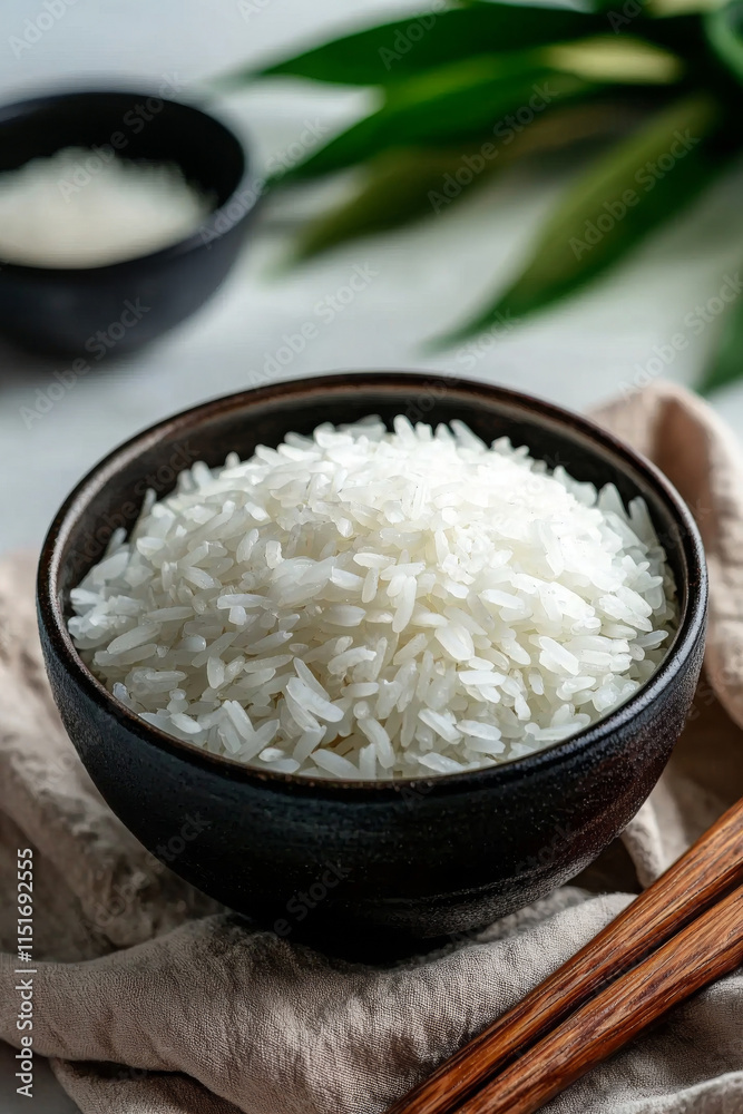 Freshly cooked white rice in dark bowl, perfect for meals and garnishes Freshly cooked white rice in dark bowl, perfect for meals and garnishes