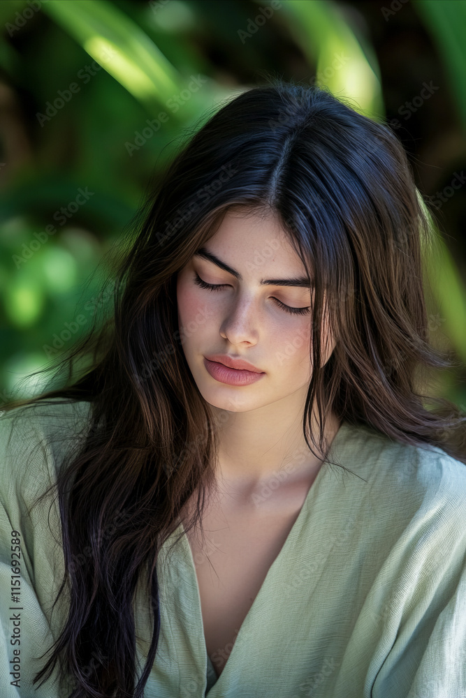Tranquil young woman with closed eyes, soft features, and long dark hair in a lush natural environment. Tranquil young woman with closed eyes, soft features, and long dark hair in a lush natural environment.