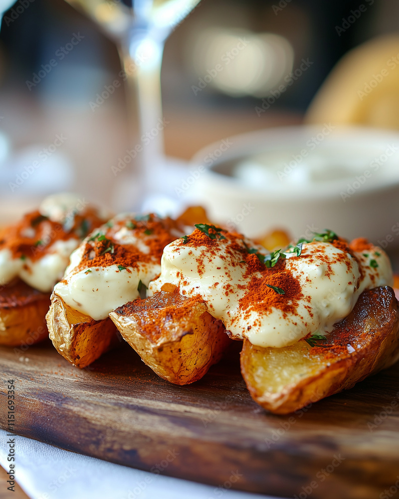 Close-up of patatas bravas topped with aioli and paprika, served on a wooden platter, cozy bar atmosphere Close-up of patatas bravas topped with aioli and paprika, served on a wooden platter, cozy bar atmosphere