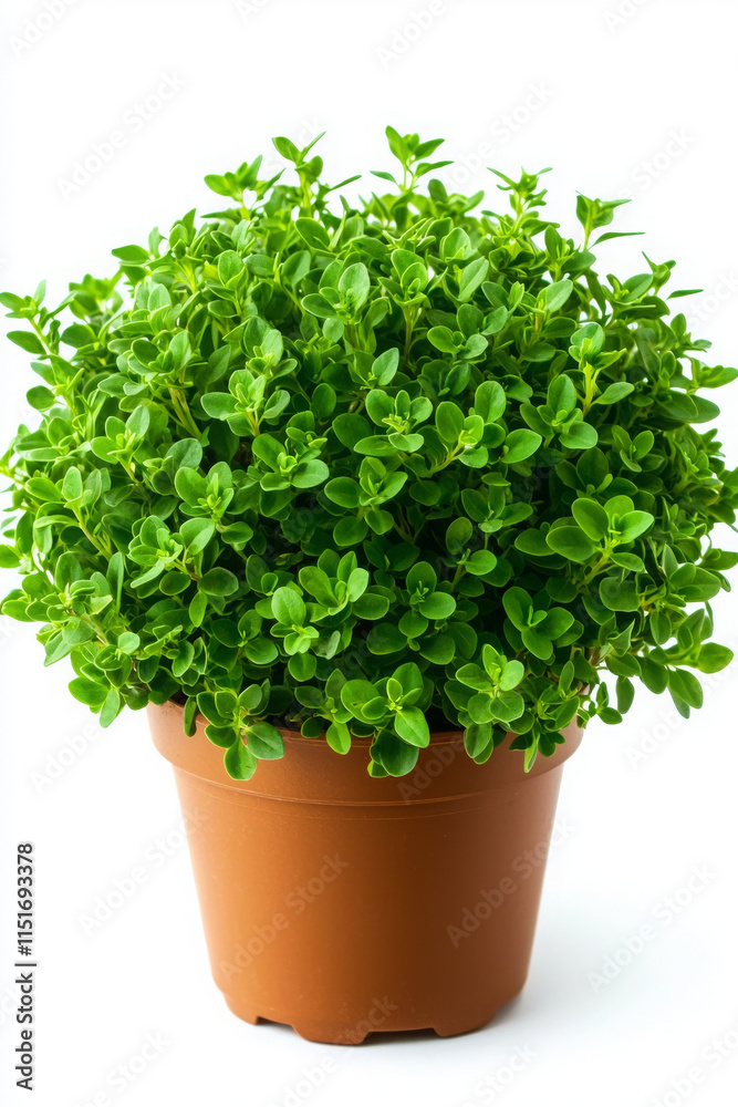Fresh thyme plant in brown pot, perfect for cooking and decoration Fresh thyme plant in brown pot, perfect for cooking and decoration